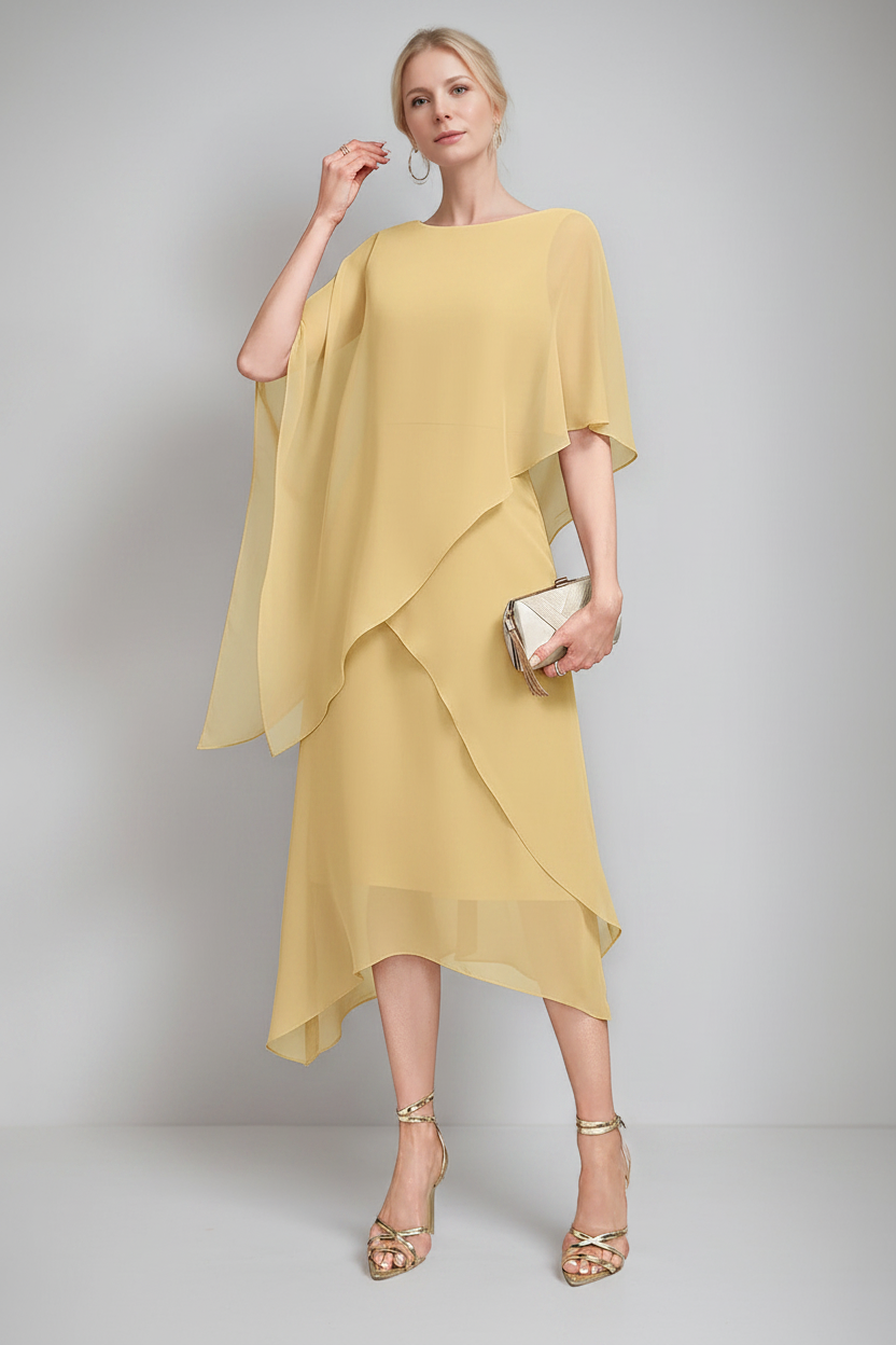 A-Line/Princess Jewel Neck Cape Sleeves Asymmetrical Mother of the Bride Dresses