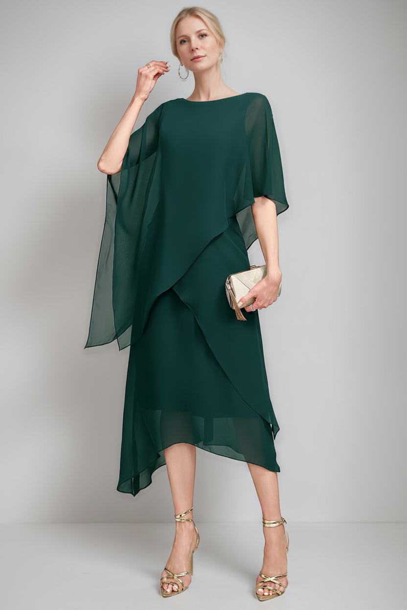 A-Line/Princess Jewel Neck Cape Sleeves Asymmetrical Mother of the Bride Dresses