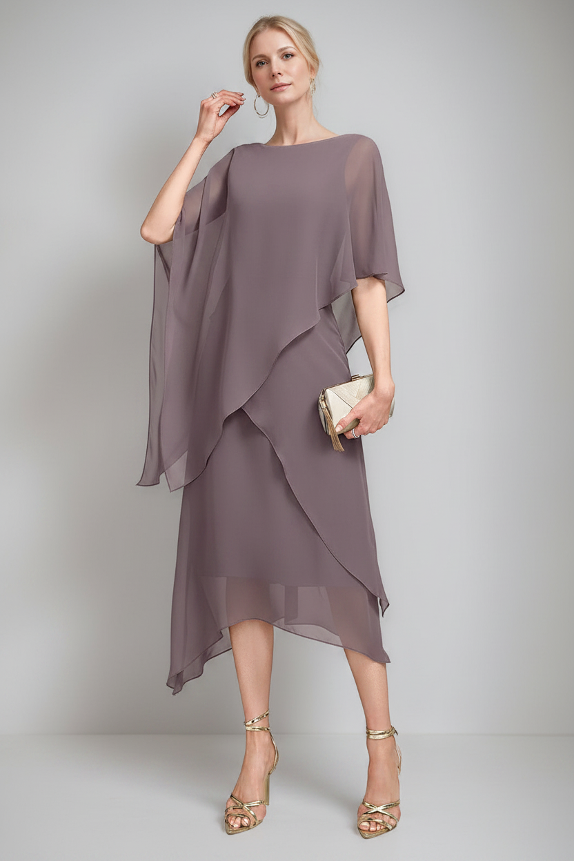 A-Line/Princess Jewel Neck Cape Sleeves Asymmetrical Mother of the Bride Dresses