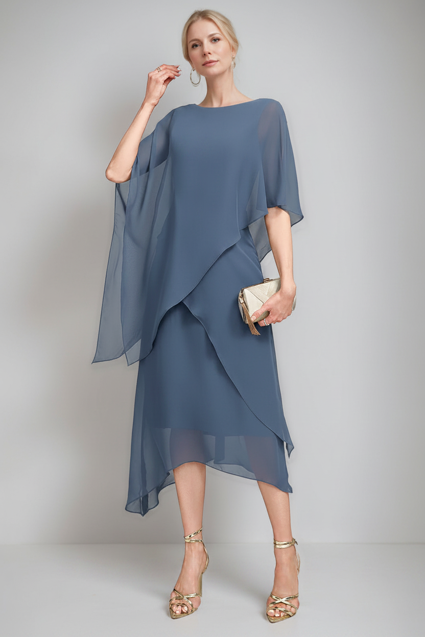 A-Line/Princess Jewel Neck Cape Sleeves Asymmetrical Mother of the Bride Dresses