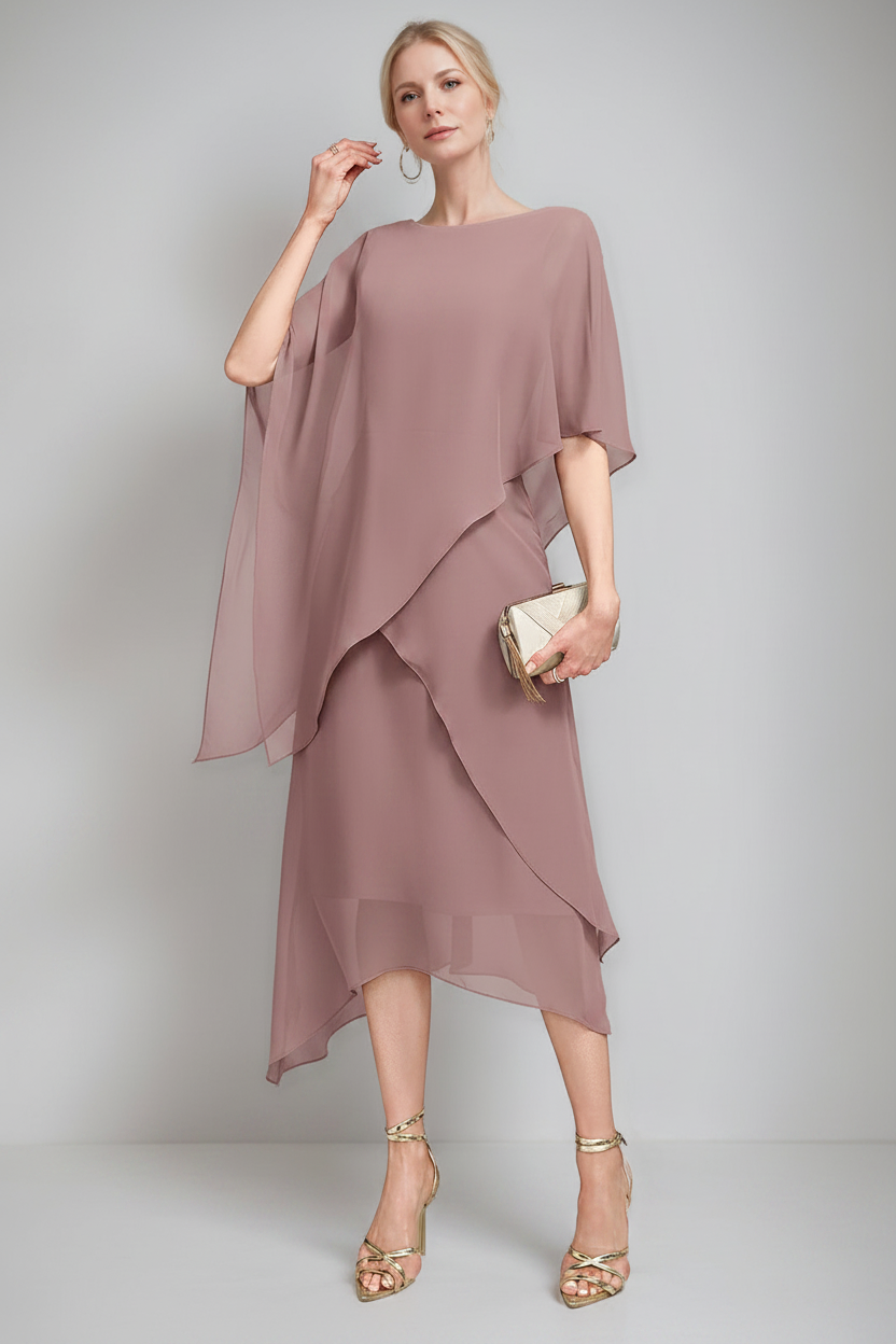 A-Line/Princess Jewel Neck Cape Sleeves Asymmetrical Mother of the Bride Dresses