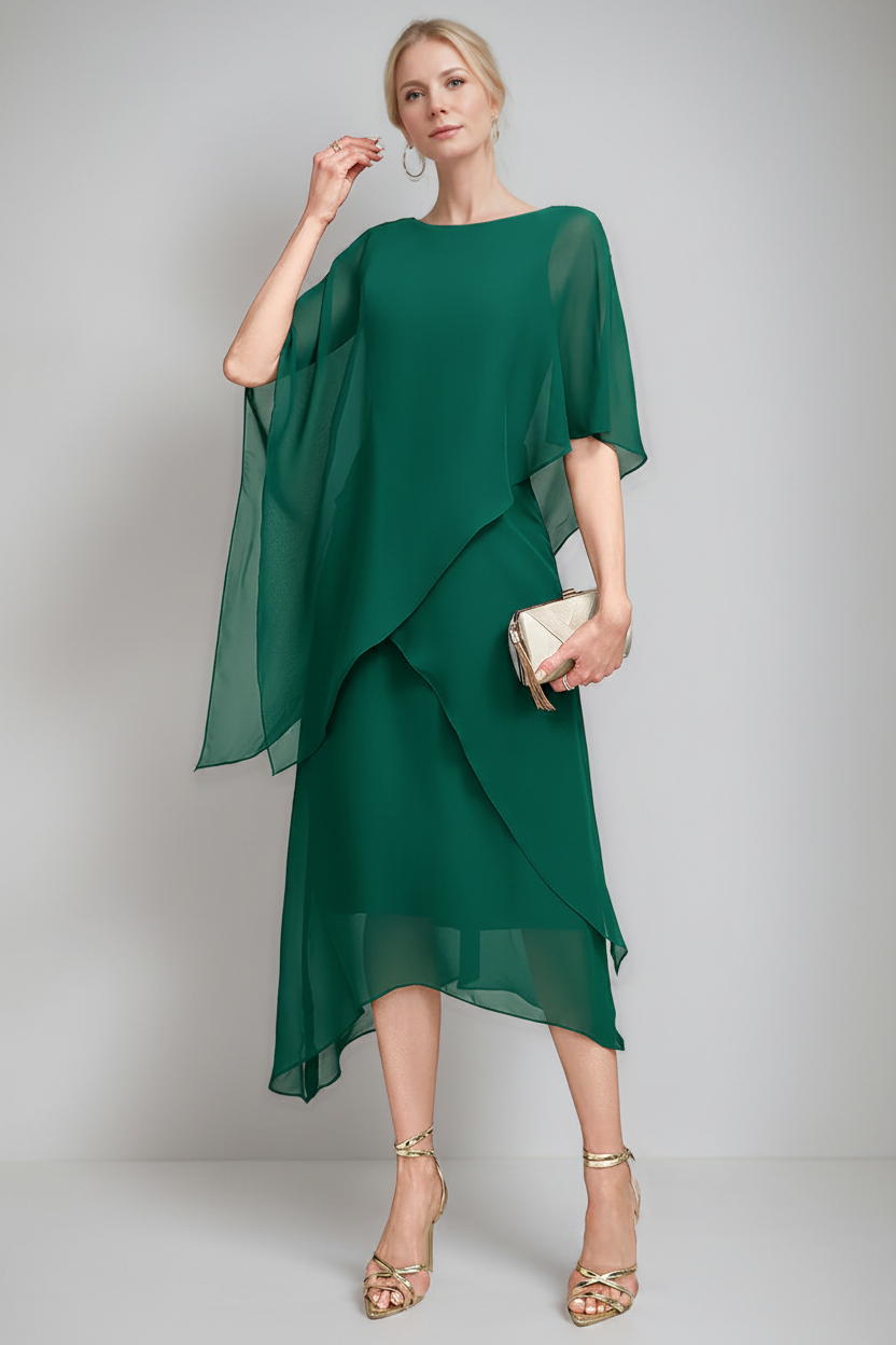 A-Line/Princess Jewel Neck Cape Sleeves Asymmetrical Mother of the Bride Dresses