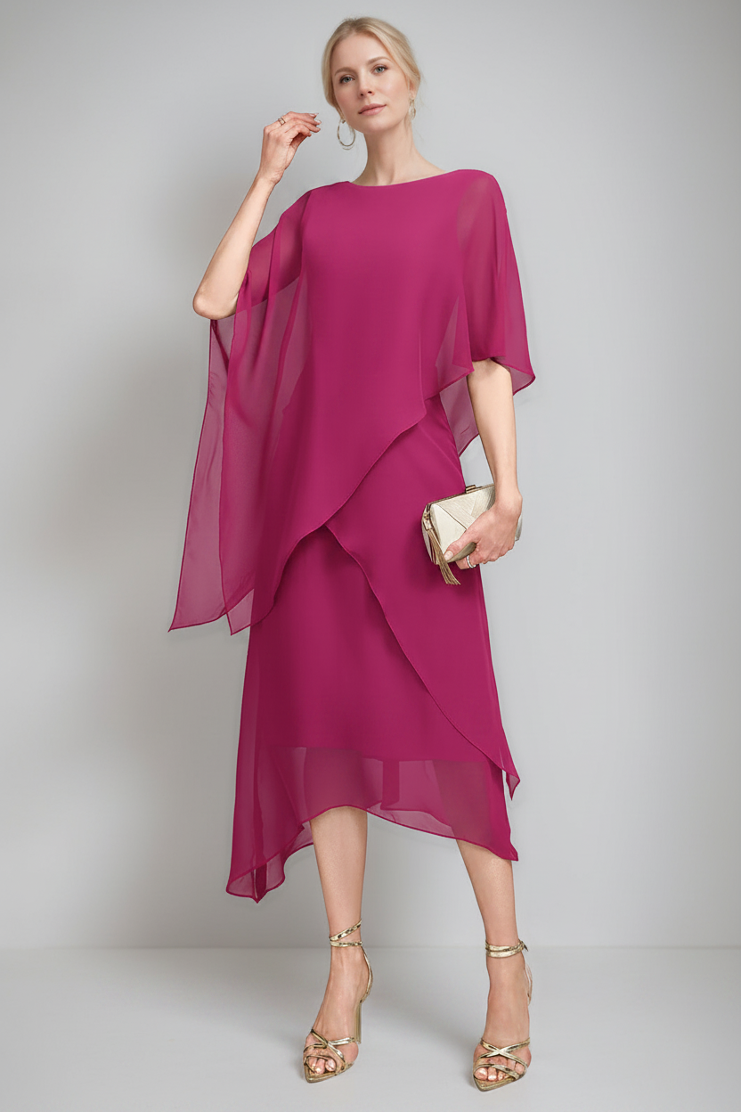 A-Line/Princess Jewel Neck Cape Sleeves Asymmetrical Mother of the Bride Dresses