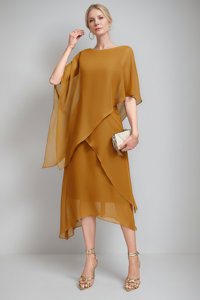 A-Line/Princess Jewel Neck Cape Sleeves Asymmetrical Mother of the Bride Dresses