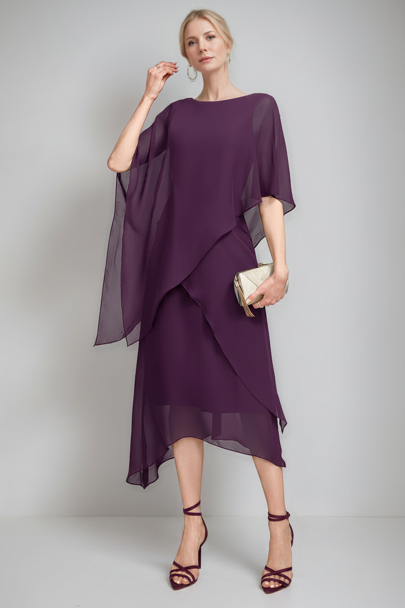 A-Line/Princess Jewel Neck Cape Sleeves Asymmetrical Mother of the Bride Dresses