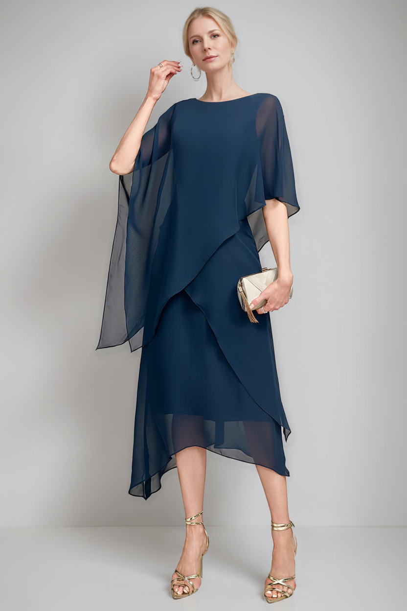 A-Line/Princess Jewel Neck Cape Sleeves Asymmetrical Mother of the Bride Dresses