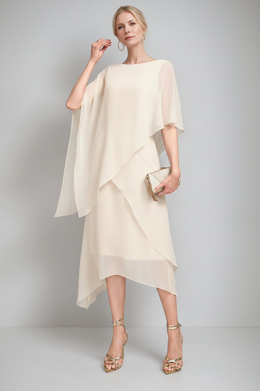 A-Line/Princess Jewel Neck Cape Sleeves Asymmetrical Mother of the Bride Dresses