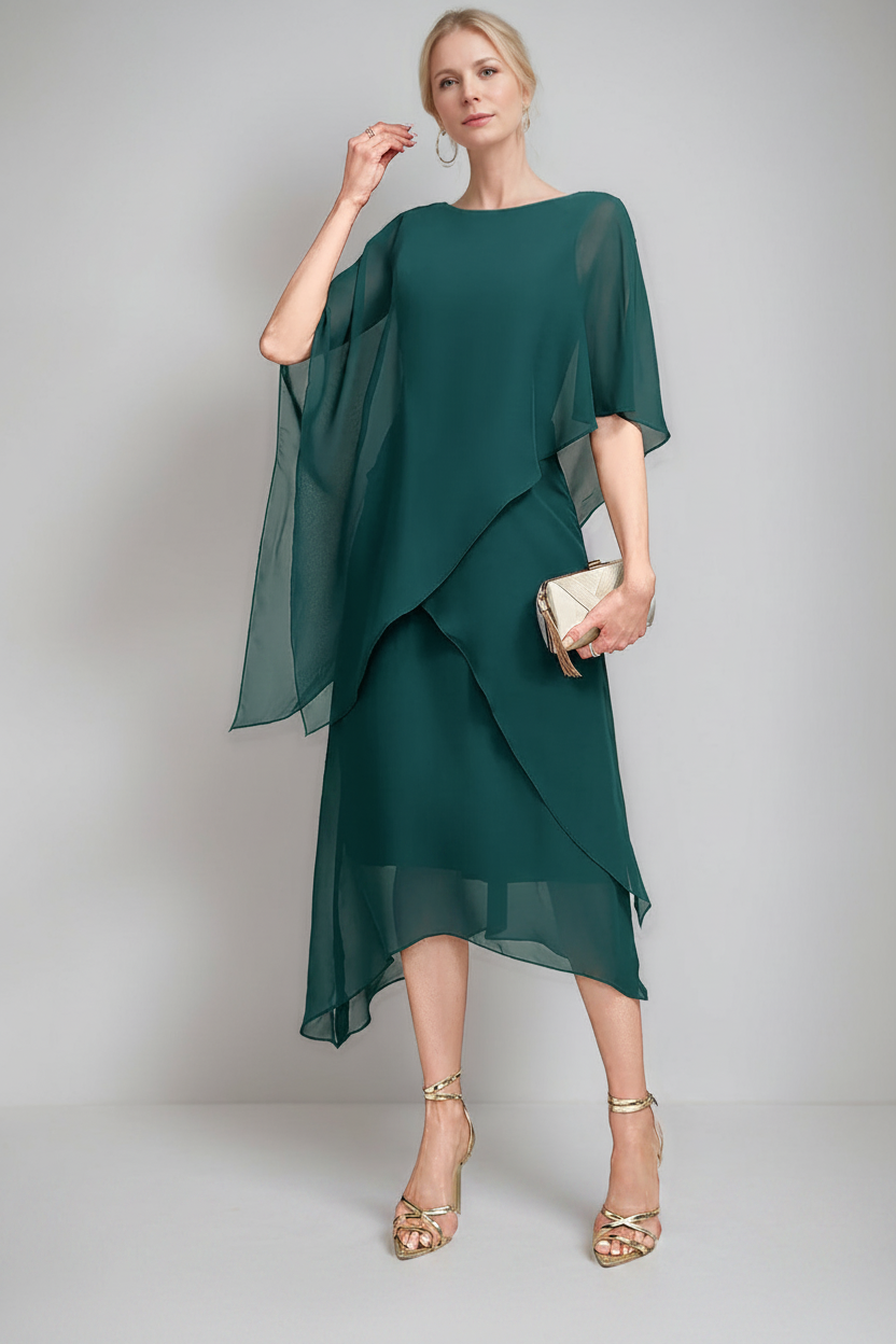 A-Line/Princess Jewel Neck Cape Sleeves Asymmetrical Mother of the Bride Dresses