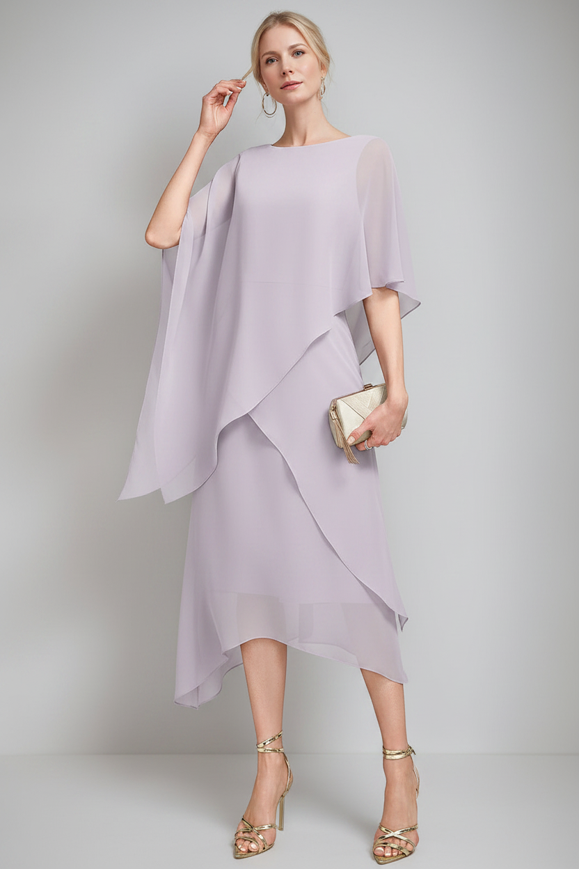 A-Line/Princess Jewel Neck Cape Sleeves Asymmetrical Mother of the Bride Dresses