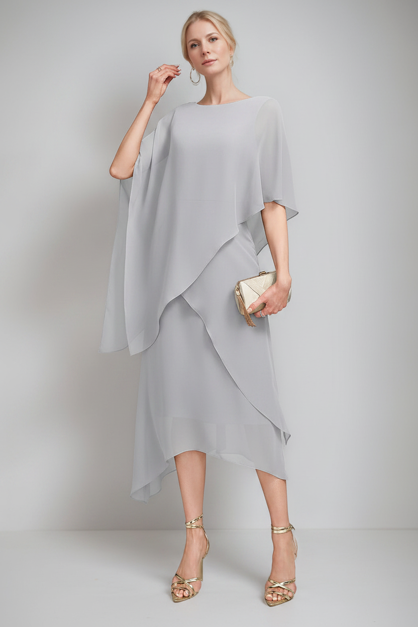A-Line/Princess Jewel Neck Cape Sleeves Asymmetrical Mother of the Bride Dresses