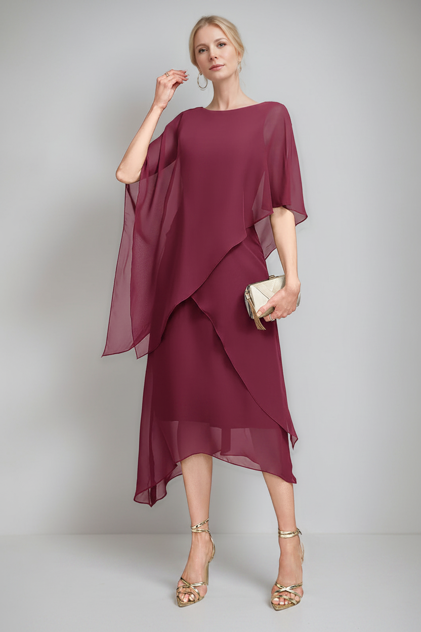 A-Line/Princess Jewel Neck Cape Sleeves Asymmetrical Mother of the Bride Dresses