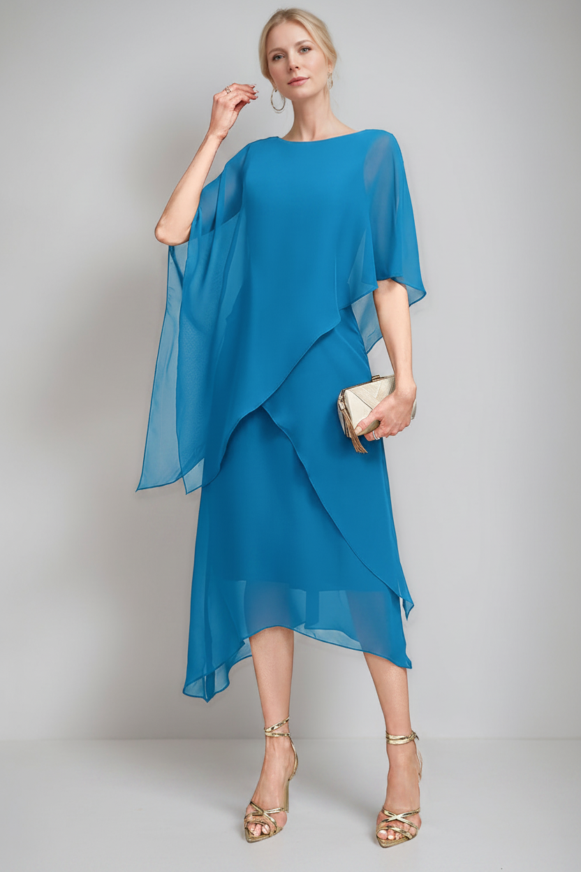 A-Line/Princess Jewel Neck Cape Sleeves Asymmetrical Mother of the Bride Dresses