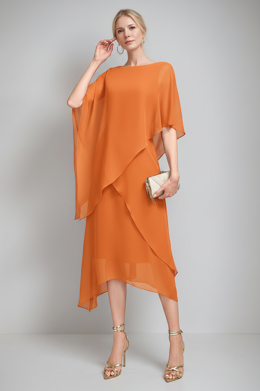 A-Line/Princess Jewel Neck Cape Sleeves Asymmetrical Mother of the Bride Dresses