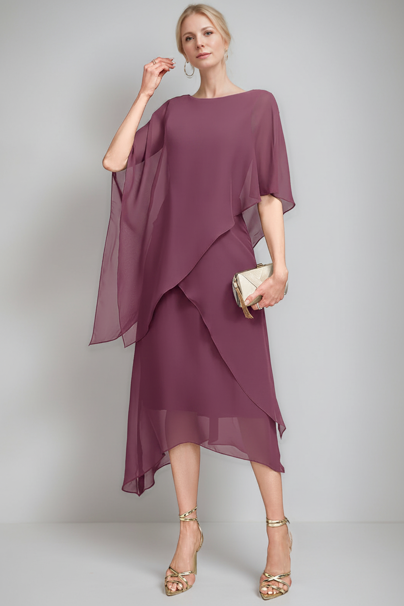 A-Line/Princess Jewel Neck Cape Sleeves Asymmetrical Mother of the Bride Dresses