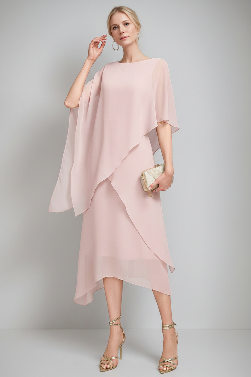 A-Line/Princess Jewel Neck Cape Sleeves Asymmetrical Mother of the Bride Dresses