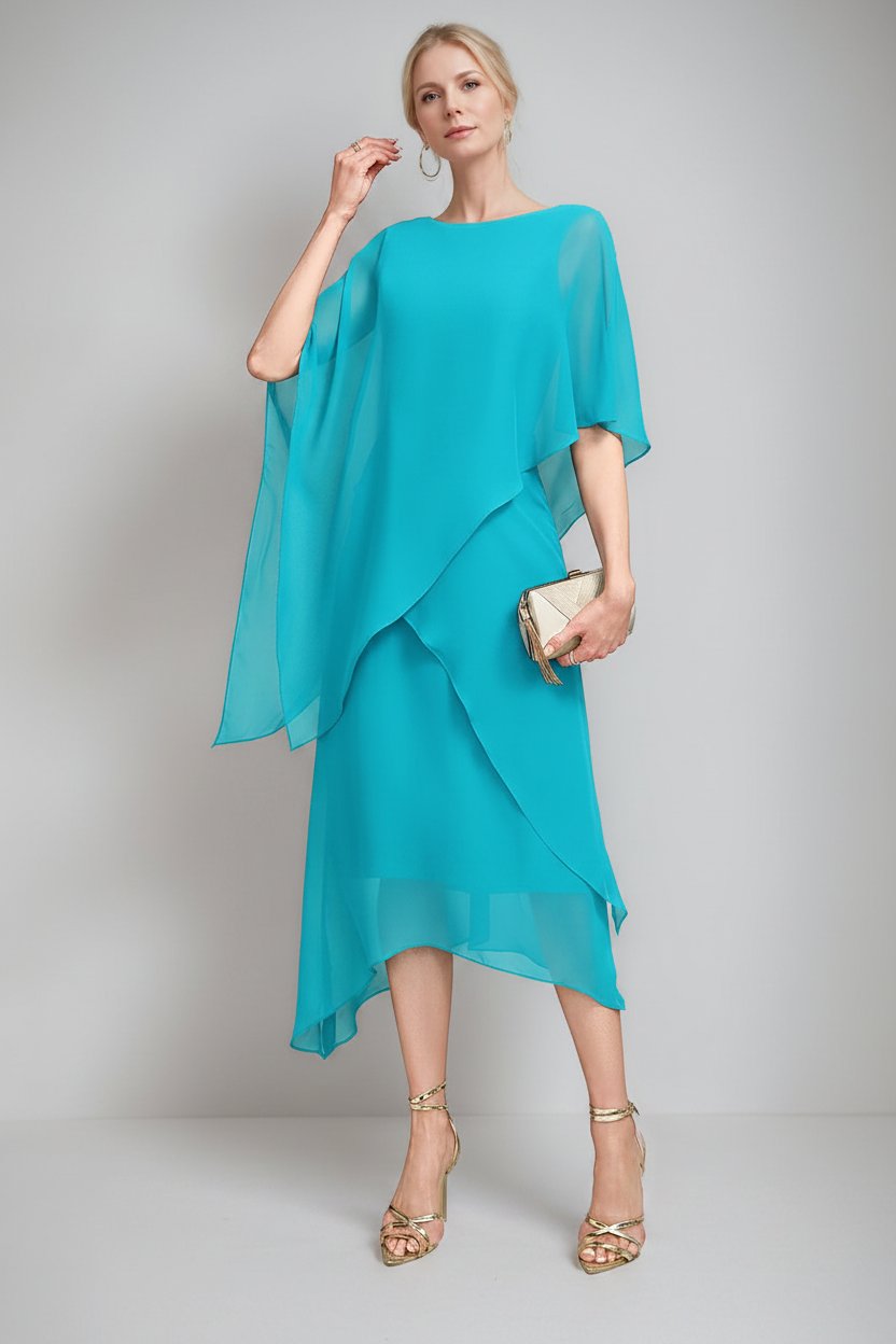 A-Line/Princess Jewel Neck Cape Sleeves Asymmetrical Mother of the Bride Dresses