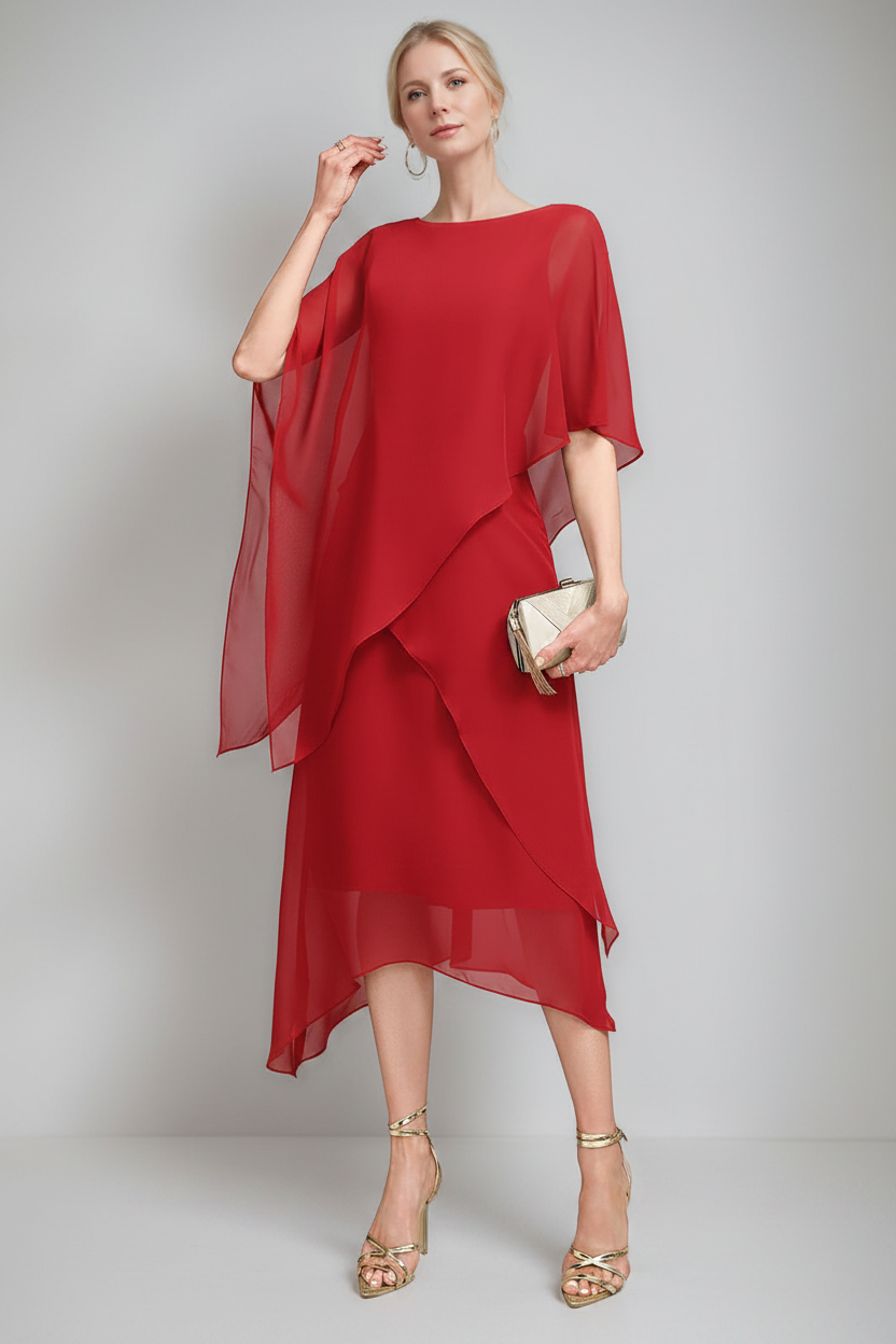 A-Line/Princess Jewel Neck Cape Sleeves Asymmetrical Mother of the Bride Dresses
