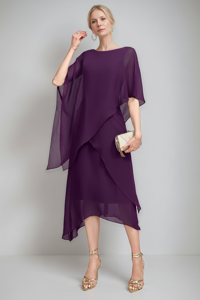 A-Line/Princess Jewel Neck Cape Sleeves Asymmetrical Mother of the Bride Dresses