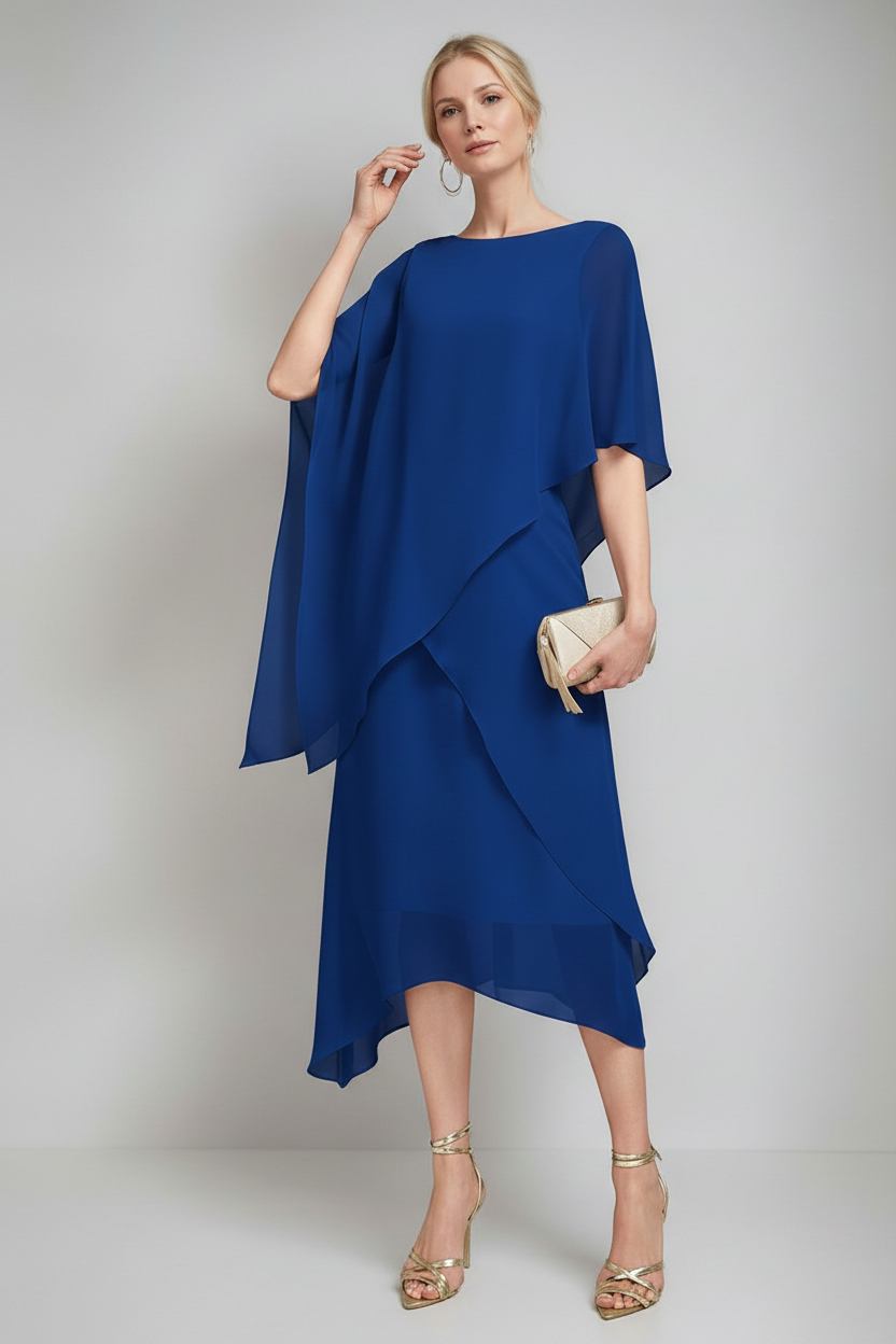 A-Line/Princess Jewel Neck Cape Sleeves Asymmetrical Mother of the Bride Dresses