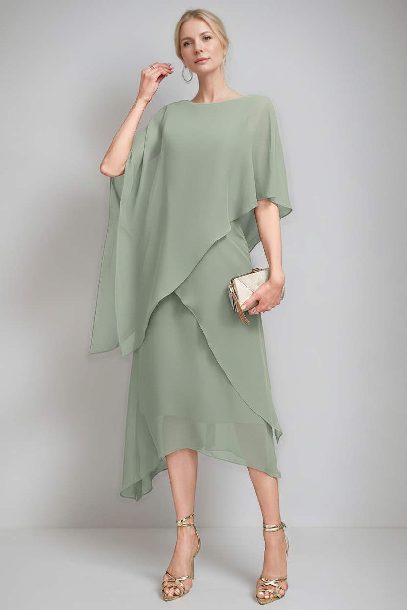 A-Line/Princess Jewel Neck Cape Sleeves Asymmetrical Mother of the Bride Dresses