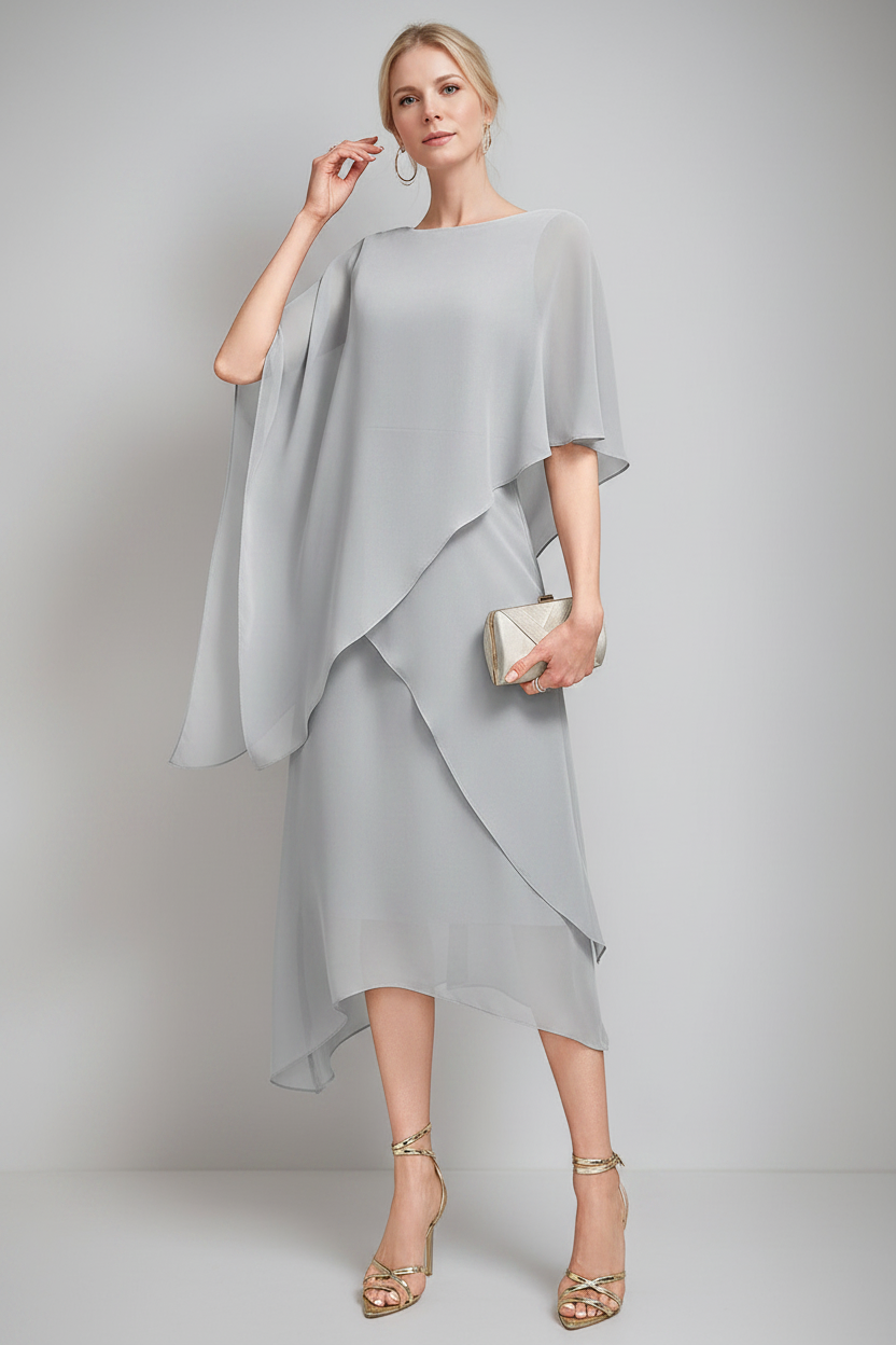 A-Line/Princess Jewel Neck Cape Sleeves Asymmetrical Mother of the Bride Dresses