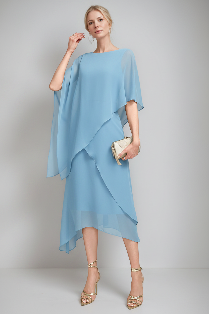 A-Line/Princess Jewel Neck Cape Sleeves Asymmetrical Mother of the Bride Dresses