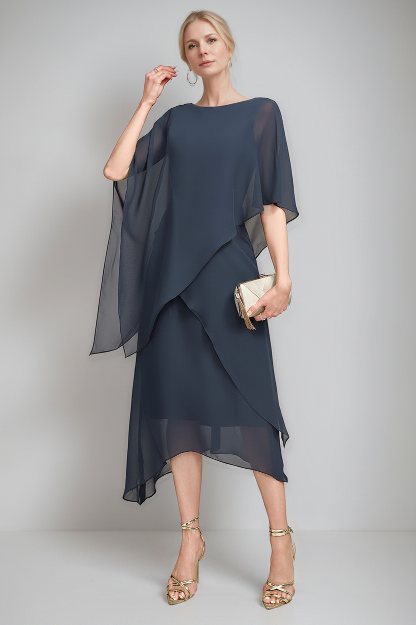 A-Line/Princess Jewel Neck Cape Sleeves Asymmetrical Mother of the Bride Dresses