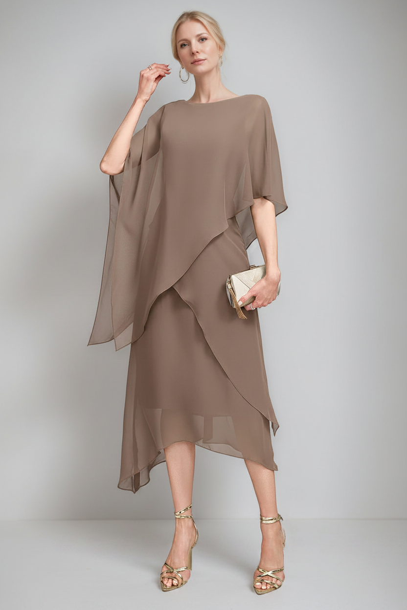 A-Line/Princess Jewel Neck Cape Sleeves Asymmetrical Mother of the Bride Dresses