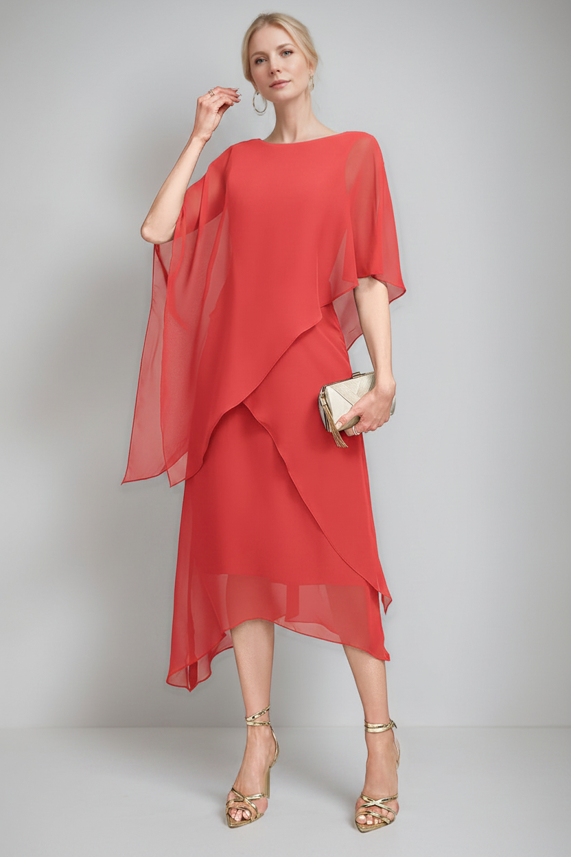 A-Line/Princess Jewel Neck Cape Sleeves Asymmetrical Mother of the Bride Dresses