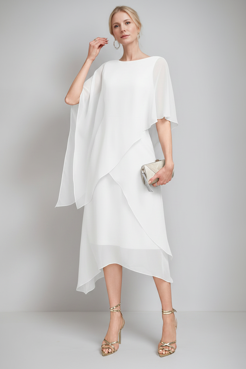 A-Line/Princess Jewel Neck Cape Sleeves Asymmetrical Mother of the Bride Dresses