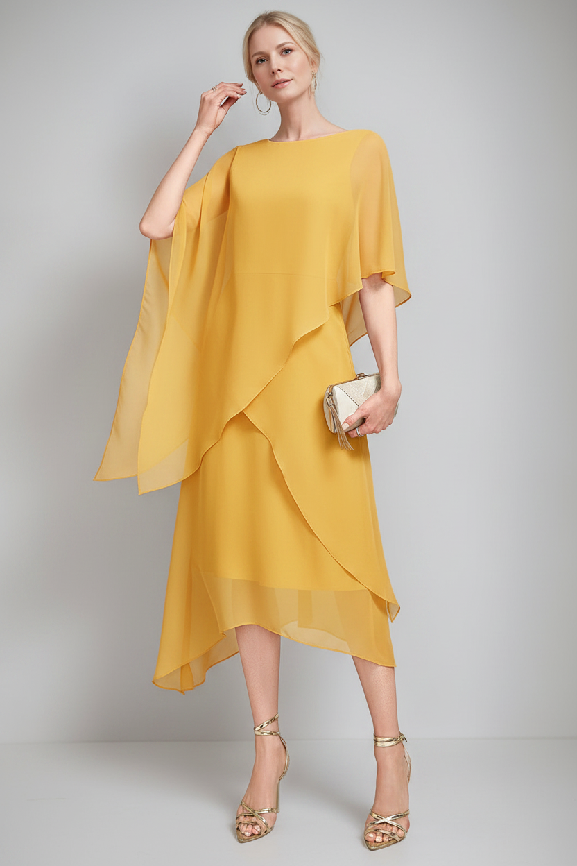 A-Line/Princess Jewel Neck Cape Sleeves Asymmetrical Mother of the Bride Dresses