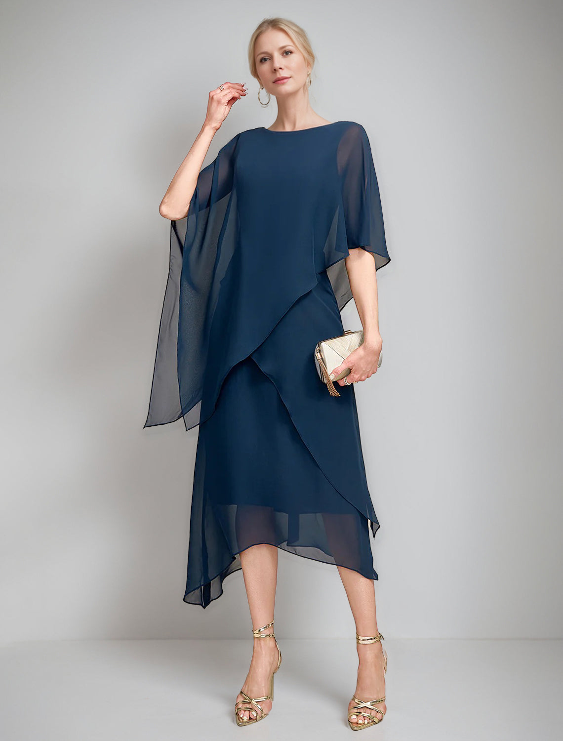 A-Line/Princess Jewel Neck Cape Sleeves Asymmetrical Mother of the Bride Dresses