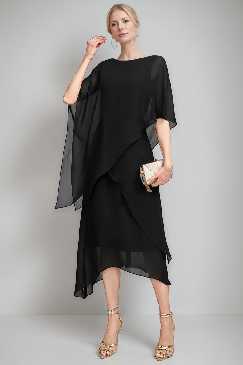 A-Line/Princess Jewel Neck Cape Sleeves Asymmetrical Mother of the Bride Dresses