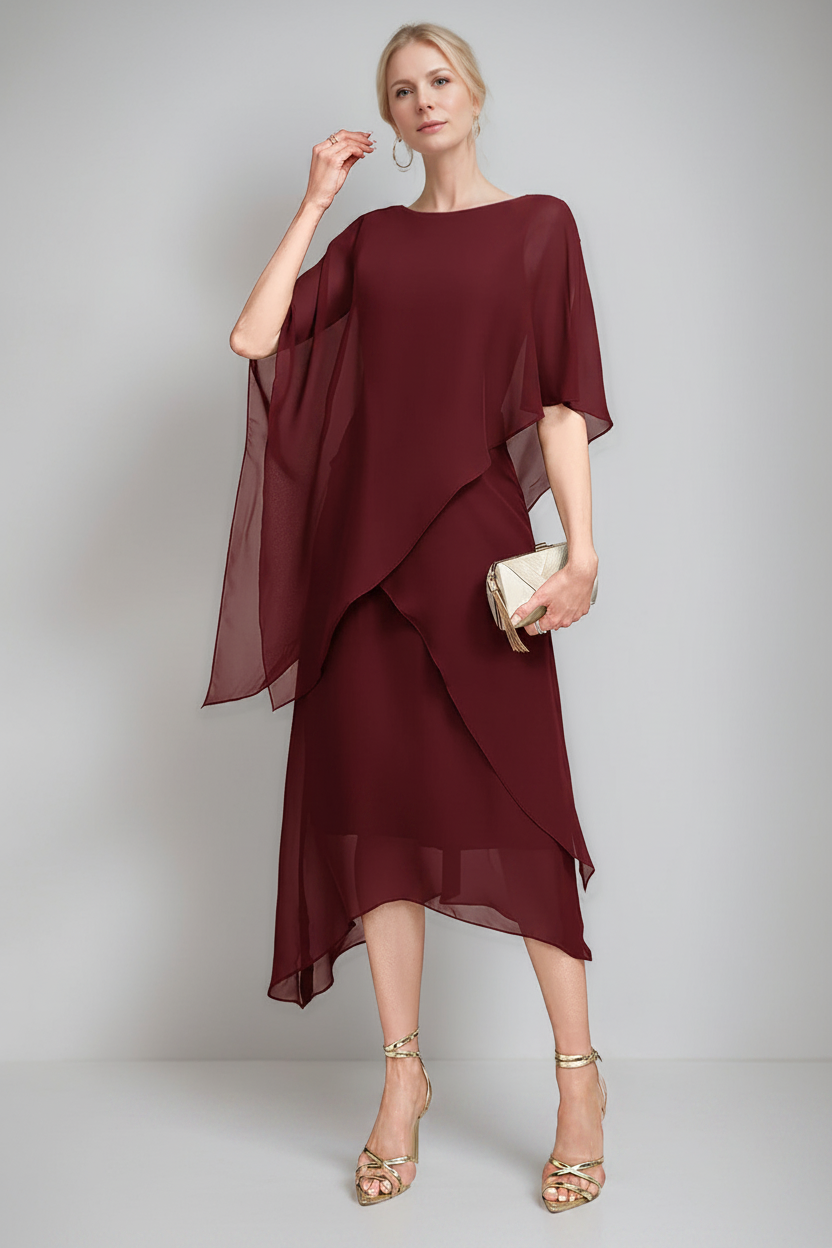 A-Line/Princess Jewel Neck Cape Sleeves Asymmetrical Mother of the Bride Dresses