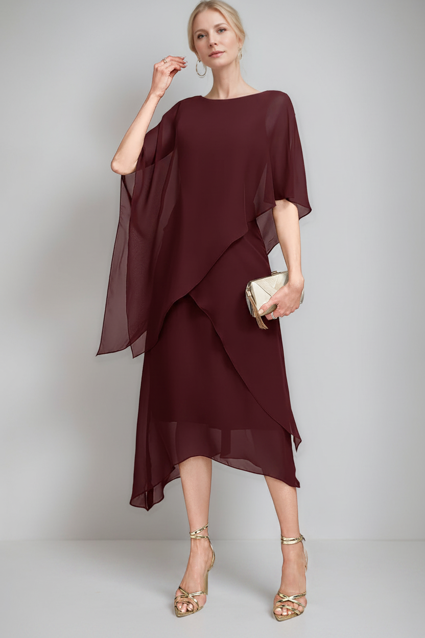 A-Line/Princess Jewel Neck Cape Sleeves Asymmetrical Mother of the Bride Dresses