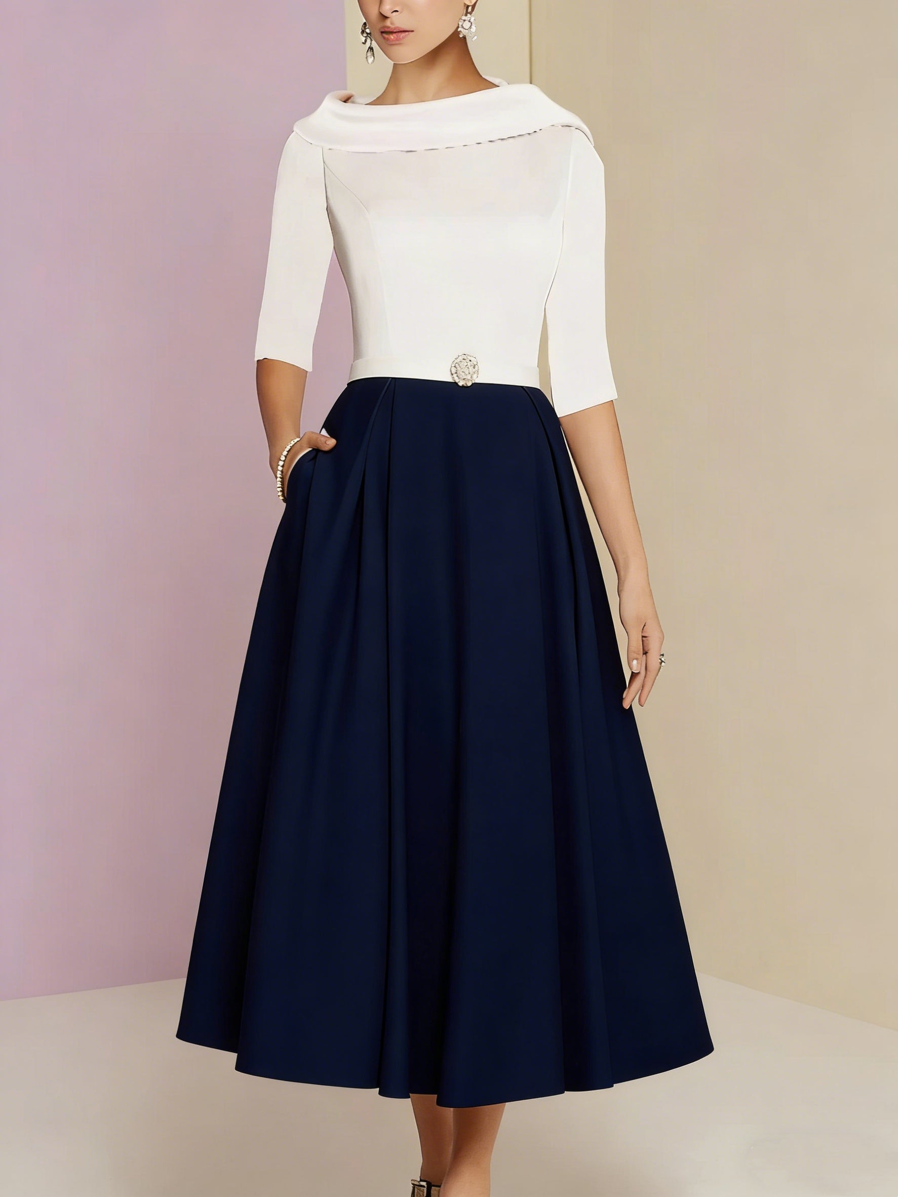 A-Line/Princess Jewel Neck Half Sleeve Tea Length Mother of the Bride Dresses with Pockets Pleats