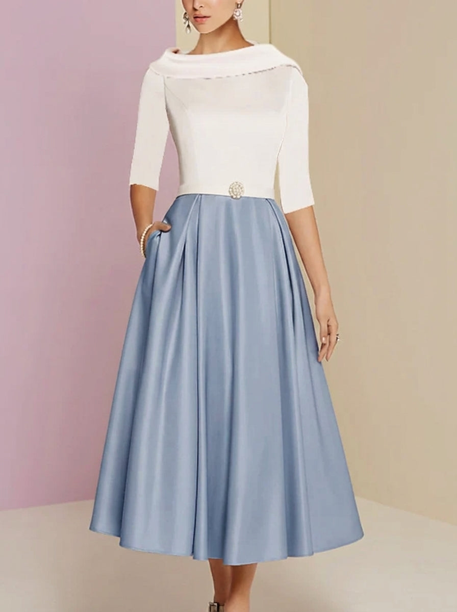 A-Line/Princess Jewel Neck Half Sleeve Tea Length Mother of the Bride Dresses with Pockets Pleats