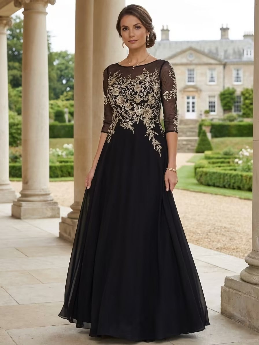 A-Line/Princess Jewel Neck Half Sleeves Floor Length Mother of the Bride Groom Dresses With Lace Ruffle