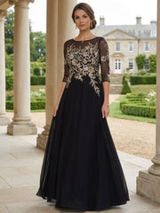 A-Line/Princess Jewel Neck Half Sleeves Floor Length Mother of the Bride Groom Dresses With Lace Ruffle