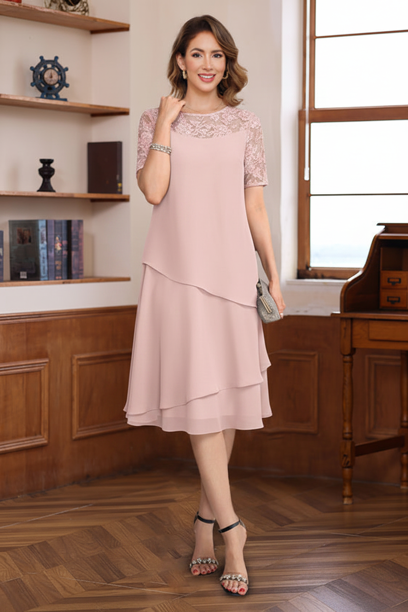 A-Line/Princess Jewel Neck Short Sleeves Knee-Length Mother of the Bride & Groom Dresses with Ruffles & Lace Appliques & Sequins