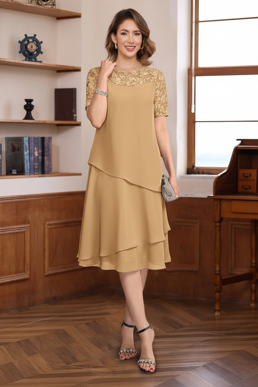 A-Line/Princess Jewel Neck Short Sleeves Knee-Length Mother of the Bride & Groom Dresses with Ruffles & Lace Appliques & Sequins