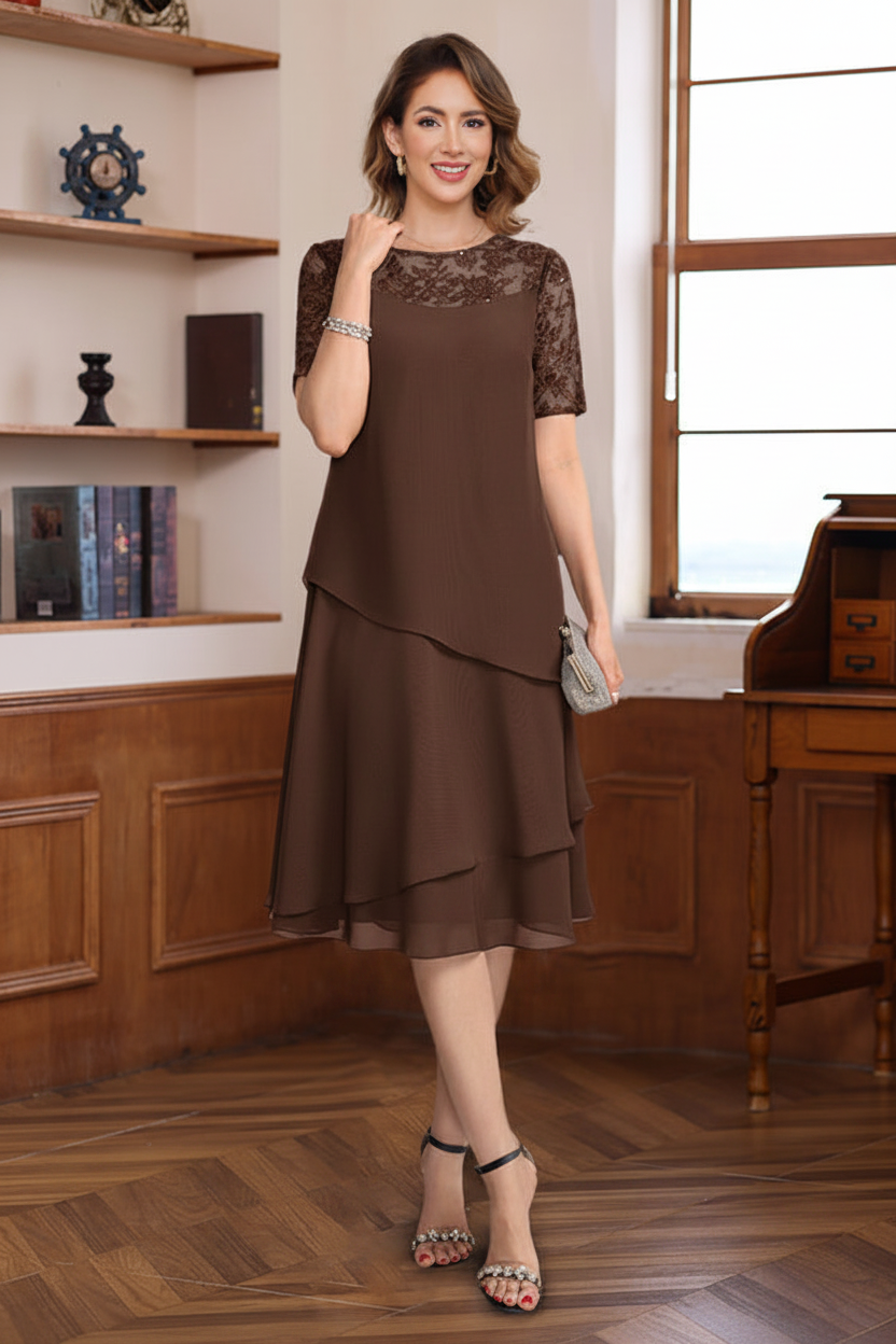 A-Line/Princess Jewel Neck Short Sleeves Knee-Length Mother of the Bride & Groom Dresses with Ruffles & Lace Appliques & Sequins
