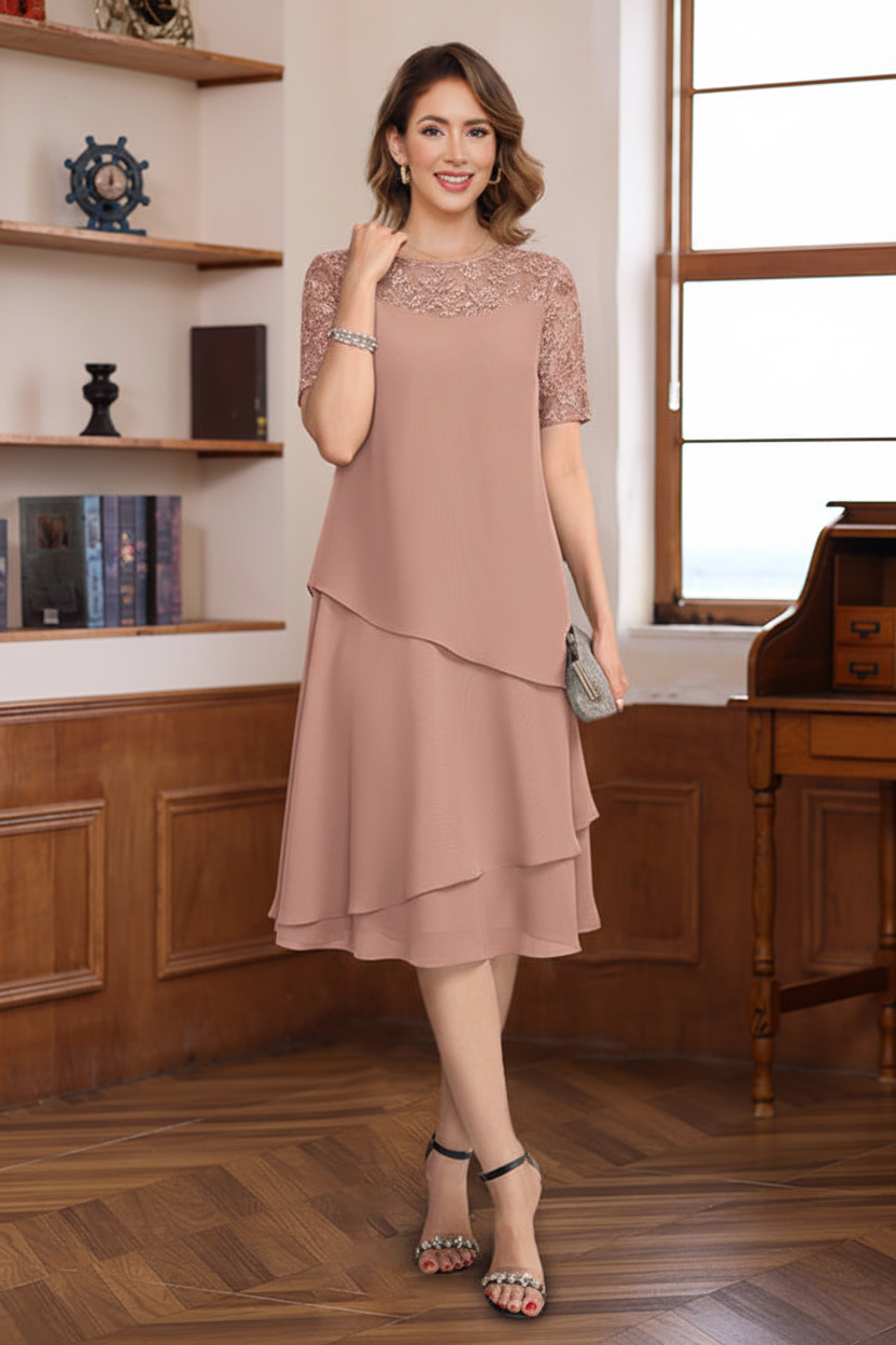 A-Line/Princess Jewel Neck Short Sleeves Knee-Length Mother of the Bride & Groom Dresses with Ruffles & Lace Appliques & Sequins