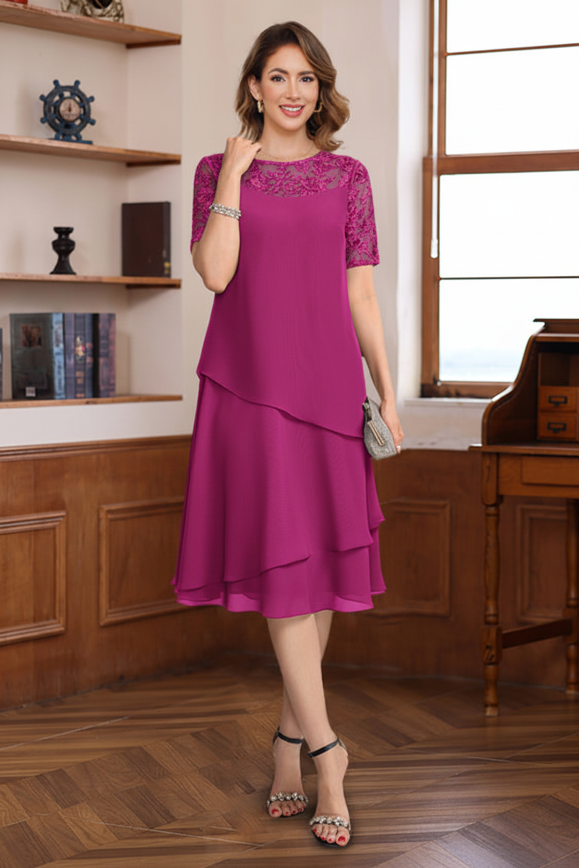 A-Line/Princess Jewel Neck Short Sleeves Knee-Length Mother of the Bride & Groom Dresses with Ruffles & Lace Appliques & Sequins