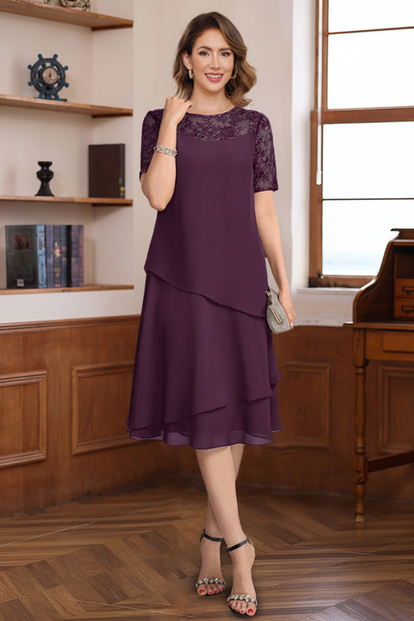 A-Line/Princess Jewel Neck Short Sleeves Knee-Length Mother of the Bride & Groom Dresses with Ruffles & Lace Appliques & Sequins