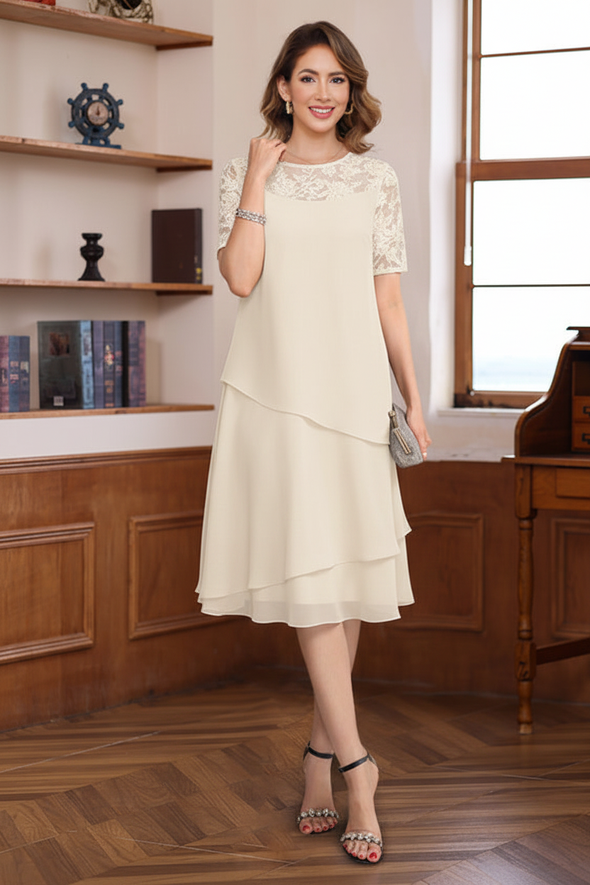 A-Line/Princess Jewel Neck Short Sleeves Knee-Length Mother of the Bride & Groom Dresses with Ruffles & Lace Appliques & Sequins