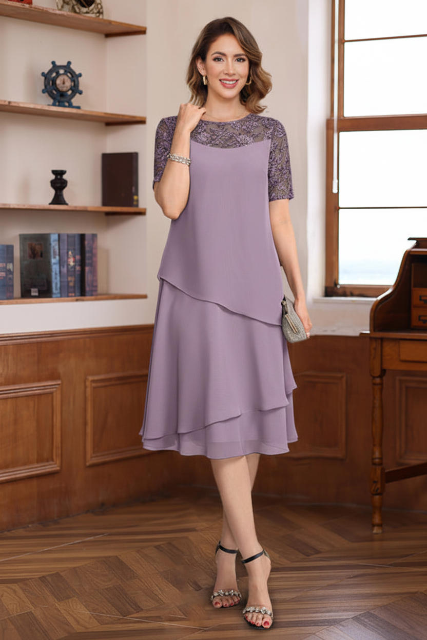 A-Line/Princess Jewel Neck Short Sleeves Knee-Length Mother of the Bride & Groom Dresses with Ruffles & Lace Appliques & Sequins