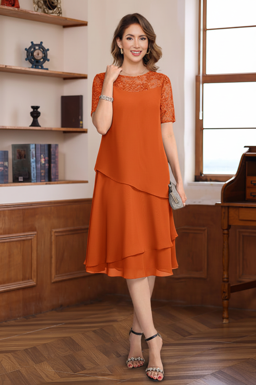 A-Line/Princess Jewel Neck Short Sleeves Knee-Length Mother of the Bride & Groom Dresses with Ruffles & Lace Appliques & Sequins