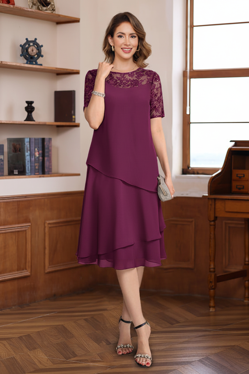 A-Line/Princess Jewel Neck Short Sleeves Knee-Length Mother of the Bride & Groom Dresses with Ruffles & Lace Appliques & Sequins