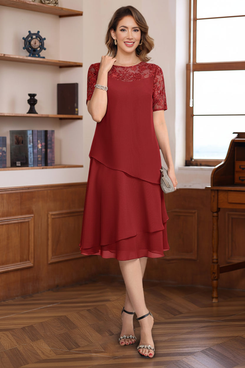 A-Line/Princess Jewel Neck Short Sleeves Knee-Length Mother of the Bride & Groom Dresses with Ruffles & Lace Appliques & Sequins